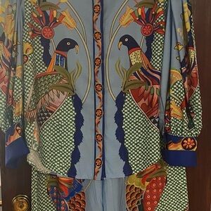 Colorful Parrot Print Blouse and pant suit